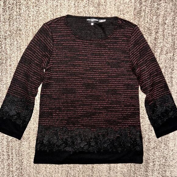 Karl Lagerfeld Paris Tweed Knit Lace Red Black Women's Sweater Top XS - Picture 1 of 11